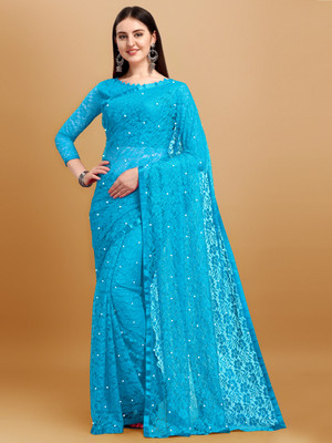 LOROFY Embellished Bollywood Net Saree(Light Blue)