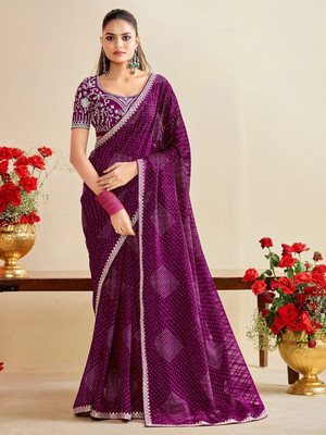 ROOP SUNDARI SAREES Printed, Embroidered Bandhani Chiffon Saree(Magenta, Purple)