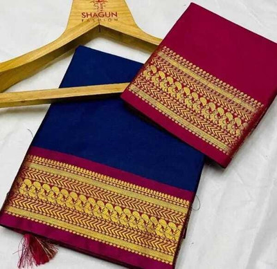 Bieth Woven, Striped, Solid/Plain Banarasi Cotton Silk, Jacquard Saree(Blue)