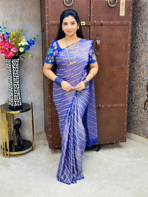 Mangroliya Printed Leheria Georgette, Brasso Saree(Blue)