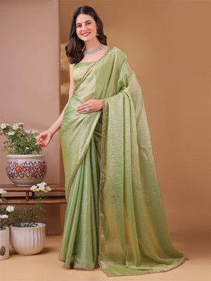 fenil creation Solid/Plain Bollywood Cotton Blend Saree(Green)