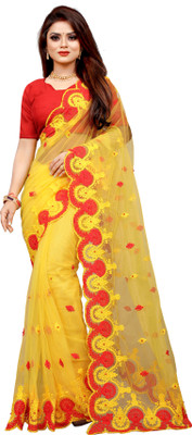 Barkiya Creation Embroidered Bollywood Net Saree(Yellow)