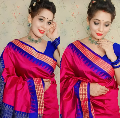 ETHNIC SAREES Bharat Temple Border, Solid/Plain Sambalpuri Silk Blend Saree(Pink)