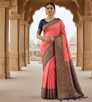 RKSari Woven, Embroidered, Self Design Kanjivaram Silk Blend Saree(Pink)