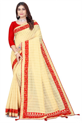 Dhanlaxmi Creation Checkered Handloom Cotton Blend Saree(Cream)