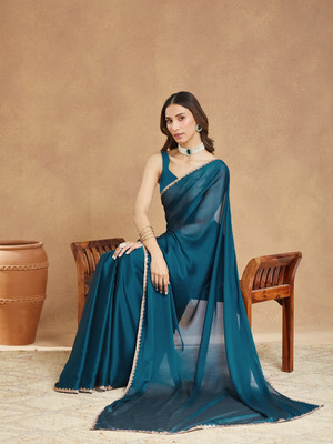 Croza Solid/Plain Bollywood Jute Silk Saree(Blue)