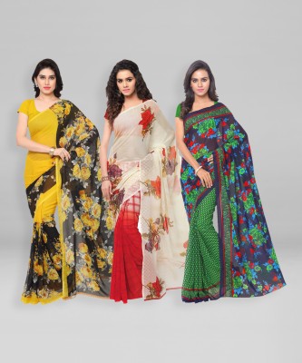 kashvi sarees Floral Print Daily Wear Georgette Saree(Pack of 3, Green, Beige, Yellow)