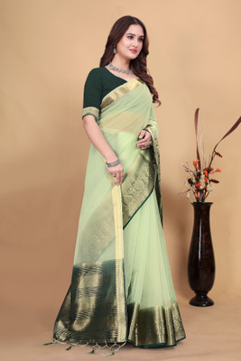 Aarunika SBT Solid/Plain Bollywood Organza Saree(Green)