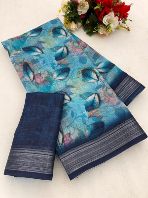 SJY Printed Assam Silk Art Silk Saree(Blue)