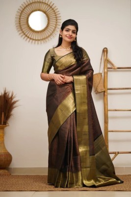 K SALIYA ENTERPRISE Geometric Print Kanjivaram Tussar Silk Saree(Brown)