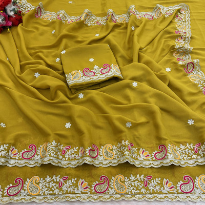 LAJEELEE Embroidered Bollywood Silk Blend Saree(Light Green)