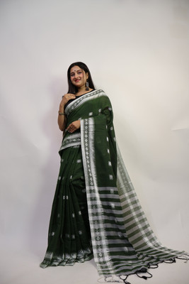 Anu Solid/Plain Handloom Cotton Silk Saree(Pack of 2, Dark Green)