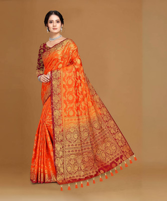 COSBILA FASHION Woven Banarasi Cotton Silk Saree(Orange)