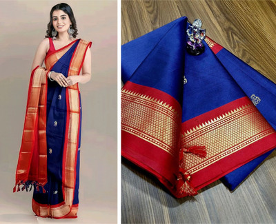 ns collection Applique Paithani Cotton Silk Saree(Blue)