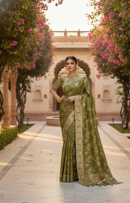 Gagan Textile Woven, Floral Print Kanjivaram Silk Blend Saree(Green)