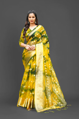 Aarunika SST Solid/Plain Bollywood Organza Saree(Green, Yellow)