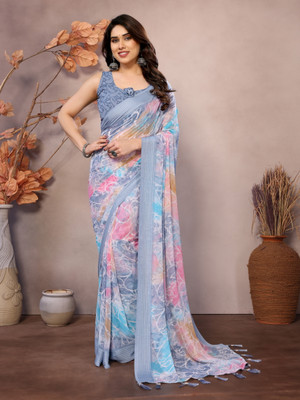 Moksha trends Printed Banarasi Silk Blend Saree(Grey)
