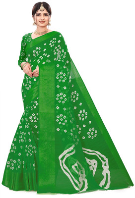 Harshiv Enterprise Printed Bandhani Cotton Blend Saree(Green)