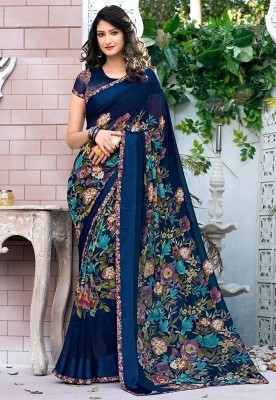 yashika Floral Print Bollywood Georgette Saree(Blue)