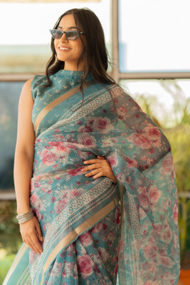 MIRCHI FASHION Printed, Floral Print Kota Doria Polyester Saree(Green, Orange)