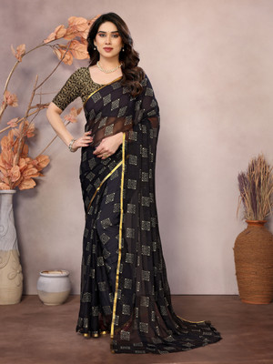 Ladymint Woven, Self Design, Embellished Baluchari Chiffon Saree(Black)