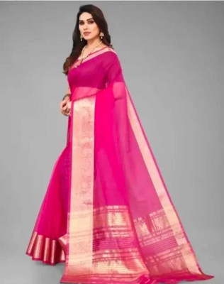 Ss sarees Solid/Plain, Woven, Striped Banarasi Organza Saree(Pink)