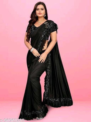 miracletex Embroidered Bollywood Lycra Blend Saree(Black)
