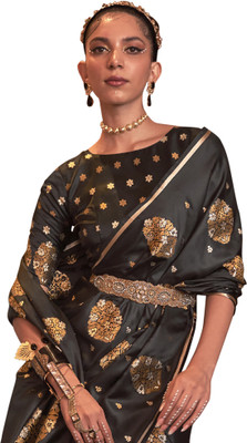 Akhilam Embroidered Bollywood Silk Blend Saree(Black)