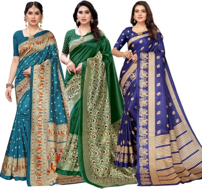 Madhumeena Printed Daily Wear Art Silk Saree(Pack of 3, Green, Blue)