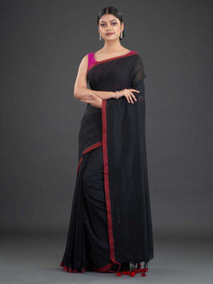 Dadavai Store Solid/Plain Daily Wear Cotton Blend, Pure Cotton Saree(Blue, Red)