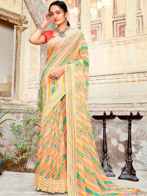 RAJESHWAR FASHION Striped, Printed Leheria Georgette Saree(Yellow)