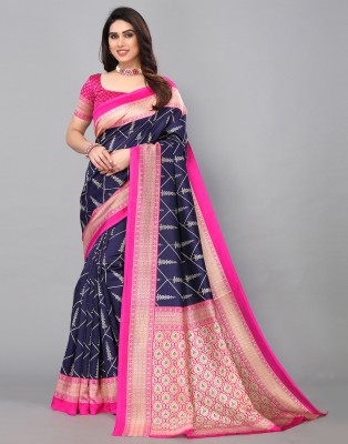 Divastri Geometric Print, Printed, Self Design Mysore Silk Blend, Art Silk Saree(Blue, Pink)