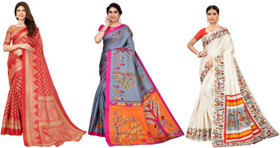 YASHIKA Printed, Woven Kanjivaram Art Silk Saree(Pack of 3, Red, Grey, Cream)