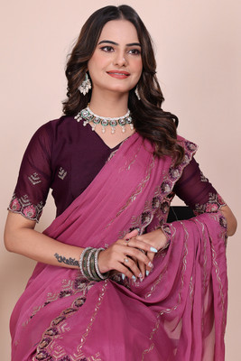 K 5 FASHION Embellished, Embroidered, Self Design Bollywood Georgette Saree(Pink)