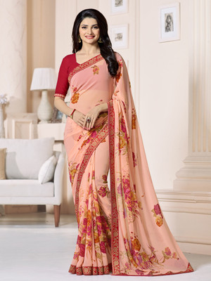 Hensi sarees shop Printed, Solid/Plain Bhagalpuri Georgette, Art Silk Saree(Orange)