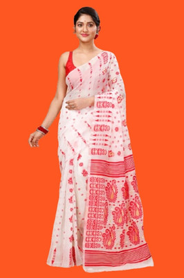 Happy Creation Woven Jamdani Handloom Cotton Blend Saree(White, Pink)
