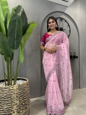 KETLO Embroidered Bollywood Nylon Saree(Pink)