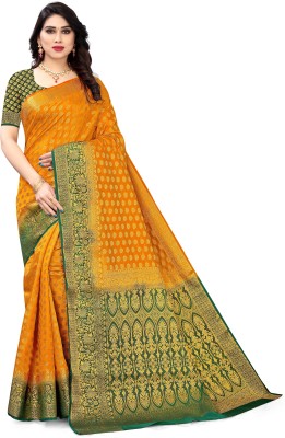 SERONA FABRICS Self Design, Embroidered, Woven Banarasi Jacquard, Cotton Silk Saree(Yellow)