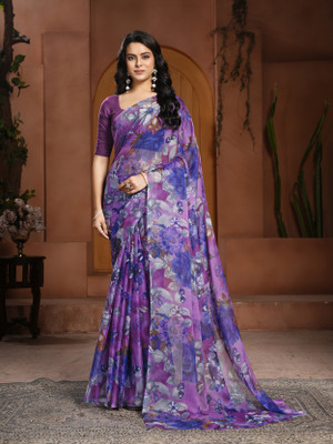 GARDEN VARELI Floral Print Daily Wear Chiffon Saree(Purple)