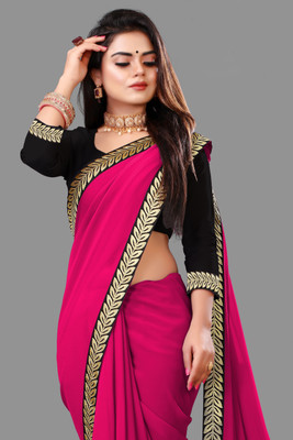 Harbhole Lace Border Self Design, Solid/Plain Bollywood Georgette Saree(Pink)