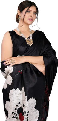 Priyashi Floral Print Bollywood Art Silk Saree(Black)