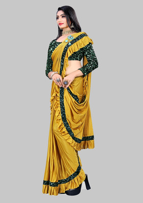 GUNHILD Solid/Plain Banarasi Lycra Blend Saree(Mustard)