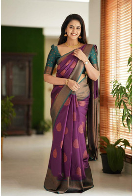 sahajanand fab Self Design, Woven Maheshwari Art Silk, Cotton Silk Saree(Purple)