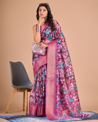 AVM SILK MILLS Printed Daily Wear Cotton Linen Saree(Multicolor)