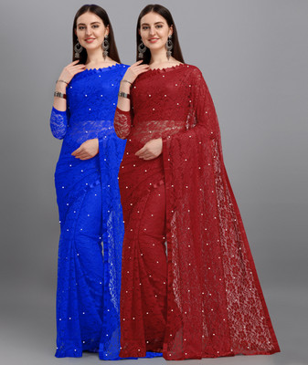 LOROFY Self Design Bollywood Net Saree(Pack of 2, Blue, Maroon)