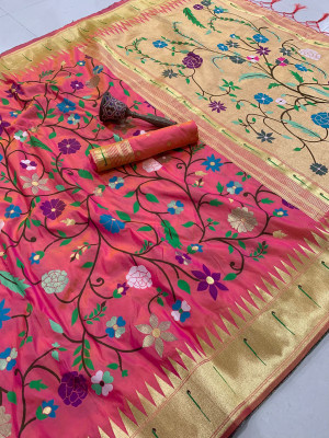 HouseOfCommon Woven Banarasi Cotton Silk Saree(Pink)