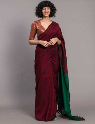 GulabiSaheba Color Block Handloom Cotton Blend Saree(Maroon, Dark Green)