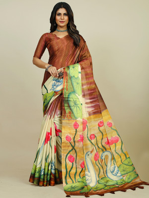 Divastri Printed Daily Wear Tussar Silk Saree(Brown)