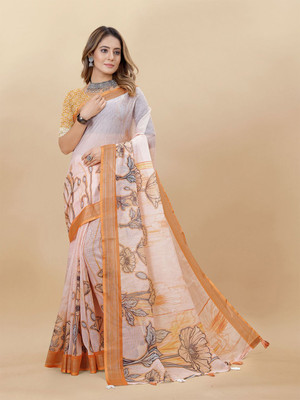ANOUK Printed Saree with Attached Blouse Linen Saree(White)