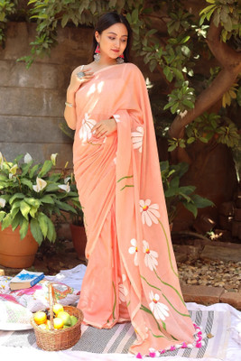 Vleez Printed Handloom Cotton Linen Saree(Orange)